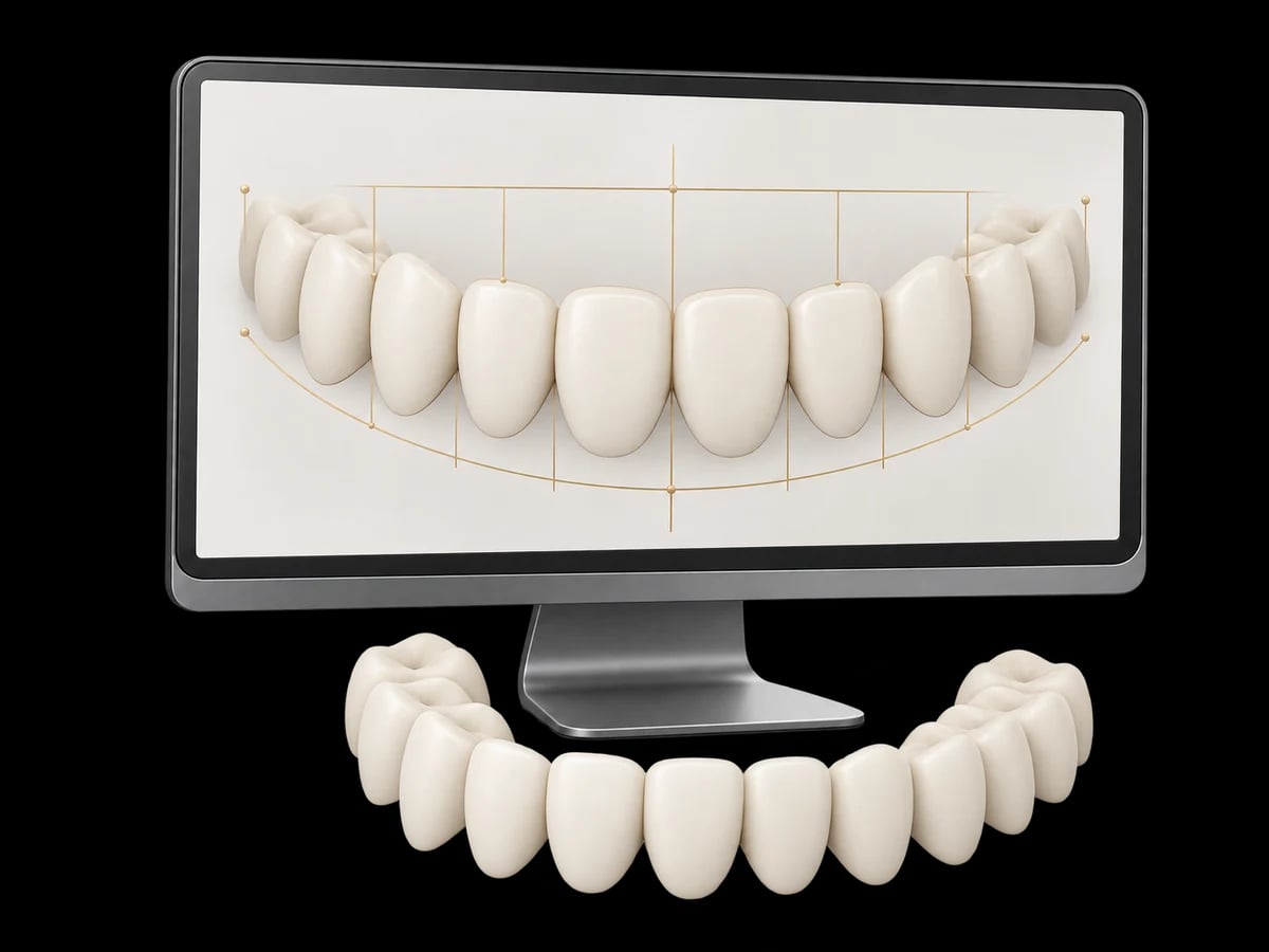 Model dentar și ecran cu linii de planificare a proporțiilor zâmbetului