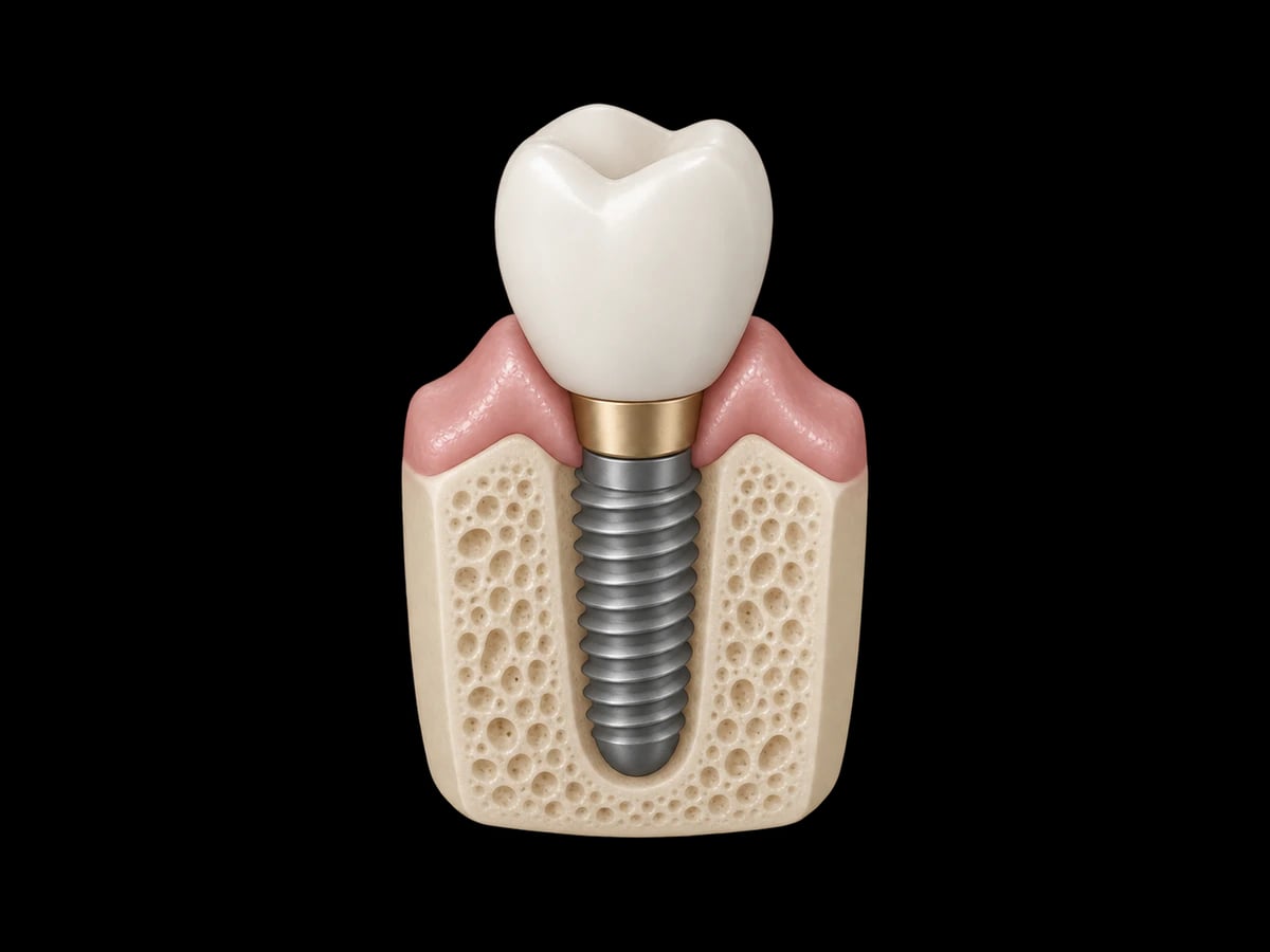 Ilustrație 3D a unui implant dentar cu coroană, gingie și os